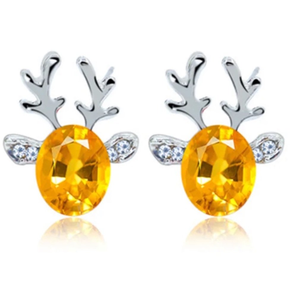 Crystal Gem Christmas Holiday Fashion Antler Earrings - Yellow